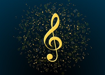 Illustration of Golden treble clef among many music notes on blue background, bokeh effect. Beautiful illustration design