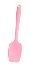 Photo of One pink spatula isolated on white. Kitchen utensil