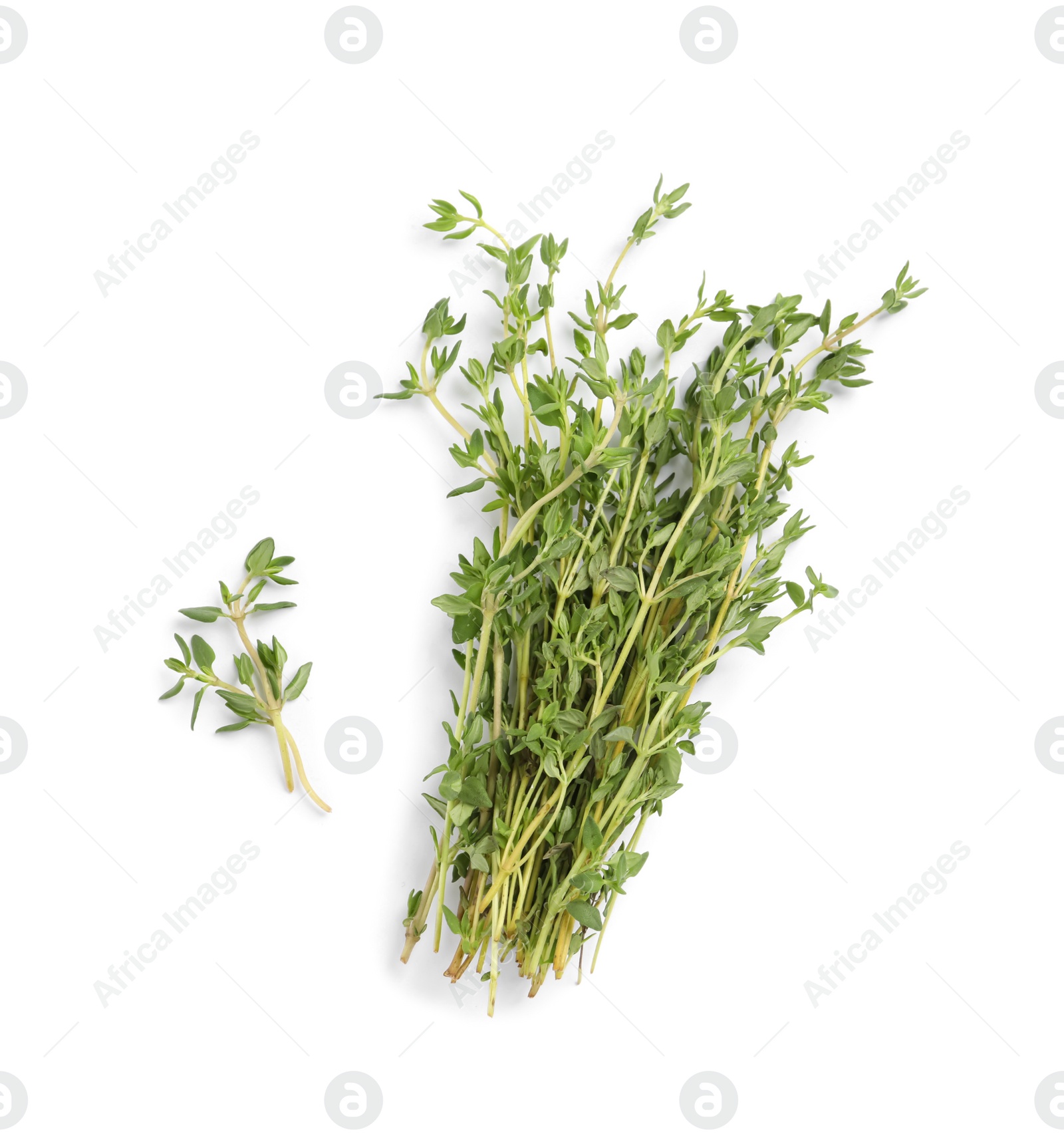 Photo of Bunch of aromatic thyme on white background, top view. Fresh herb