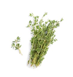 Bunch of aromatic thyme on white background, top view. Fresh herb