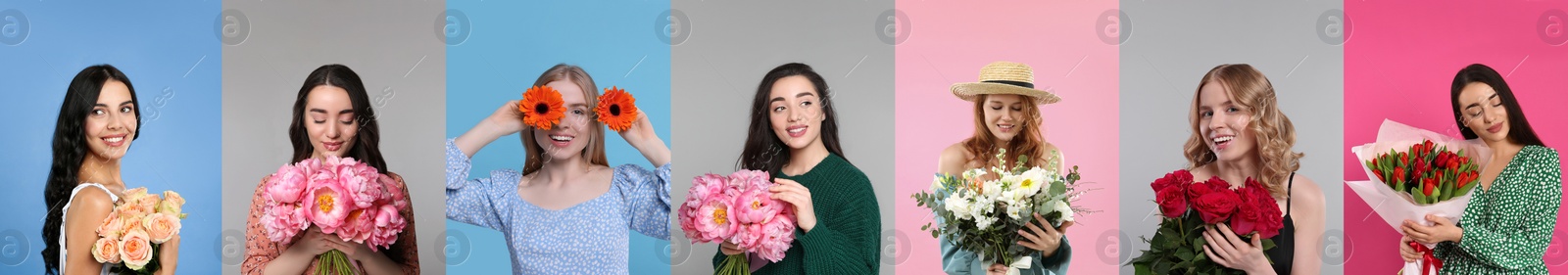 Image of 8 March - Happy Women's Day. Charming ladies with beautiful flowers on different colors backgrounds, collage