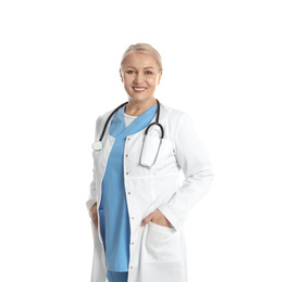 Photo of Portrait of mature doctor on white background