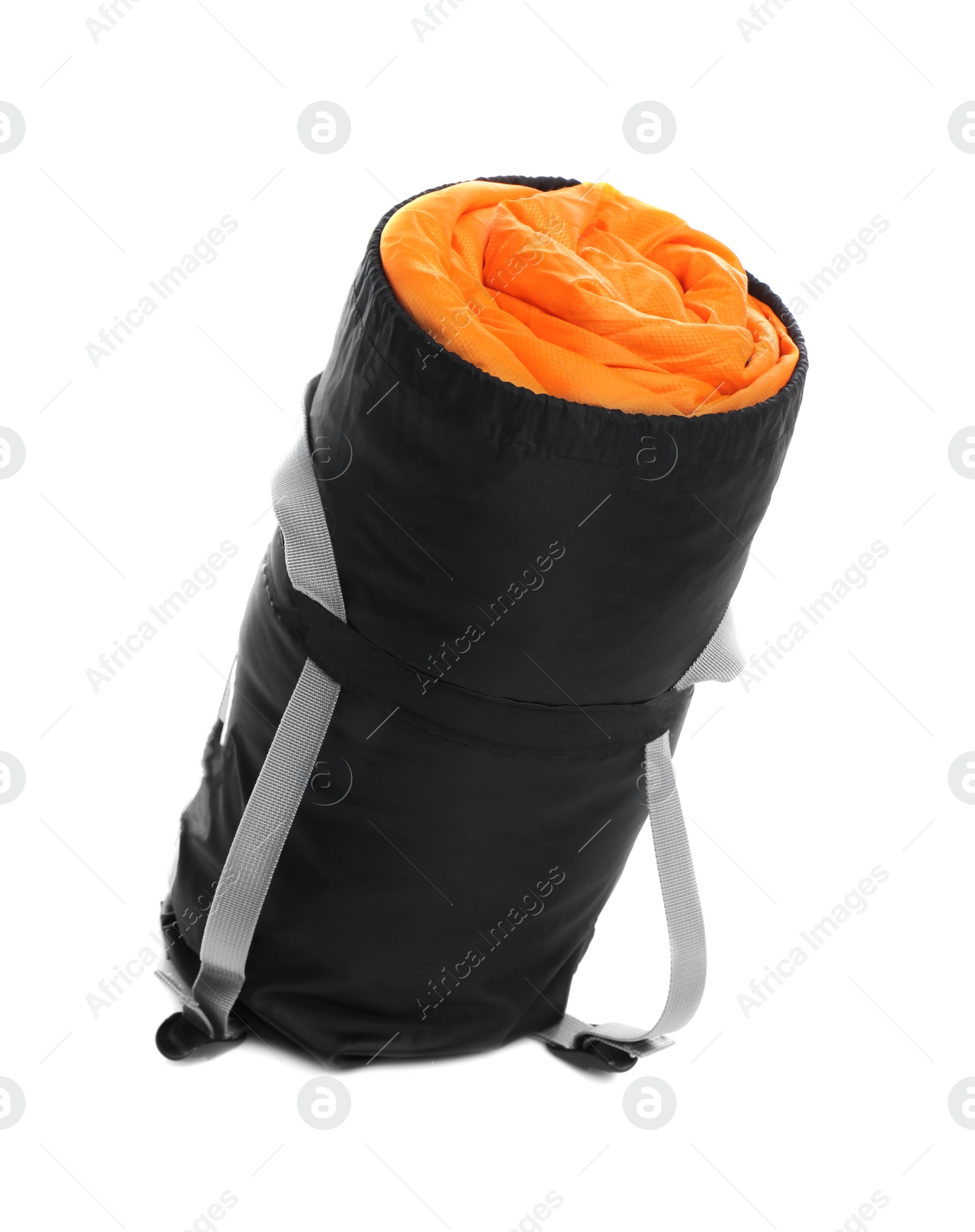 Photo of Sleeping bag in case on white background. Camping equipment