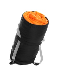 Sleeping bag in case on white background. Camping equipment