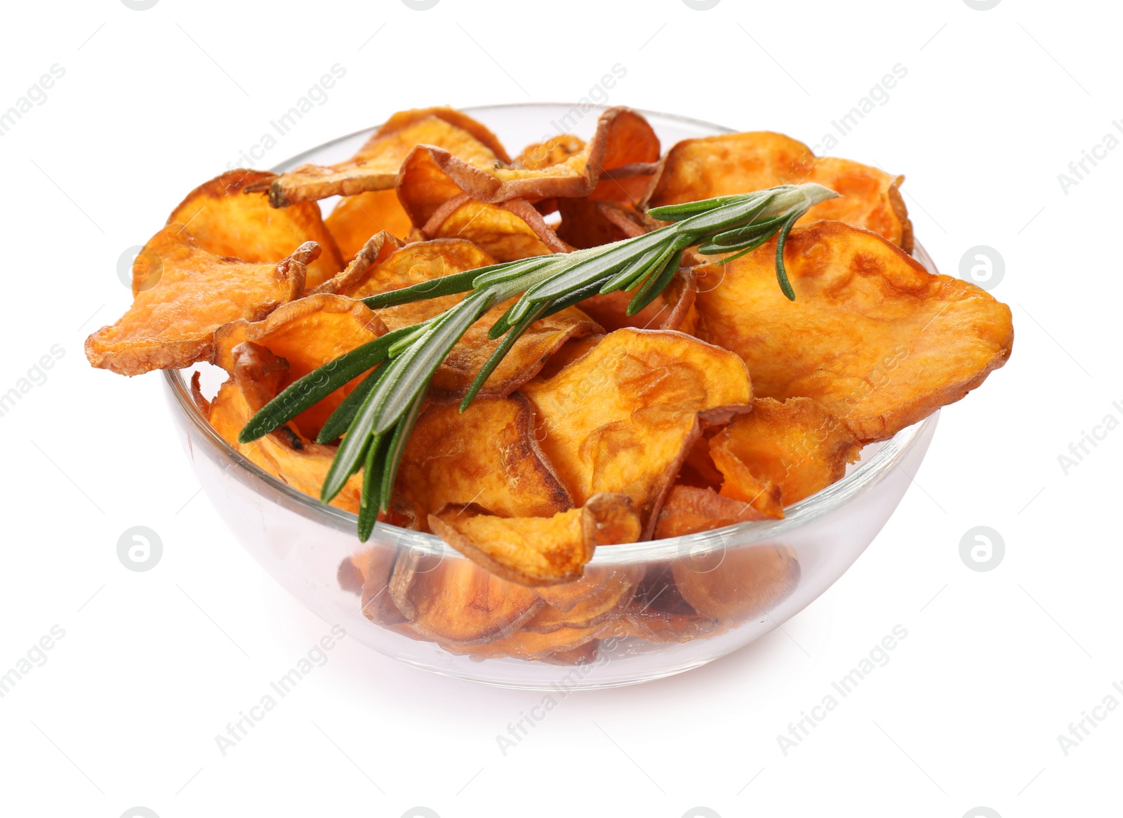 Photo of Bowl of sweet potato chips with rosemary isolated on white