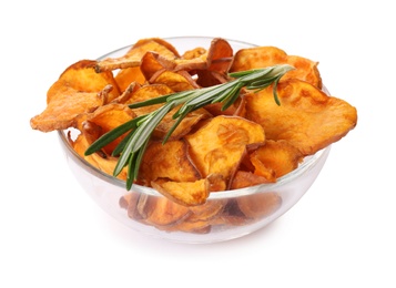 Photo of Bowl of sweet potato chips with rosemary isolated on white