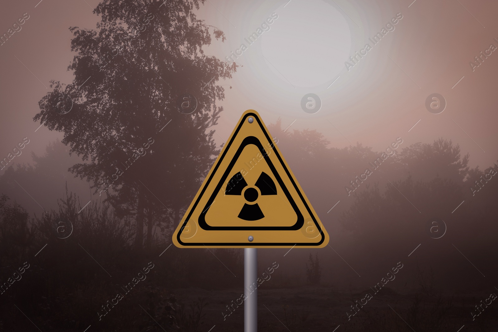 Image of Radioactive pollution. Yellow warning sign with hazard symbol in rural area