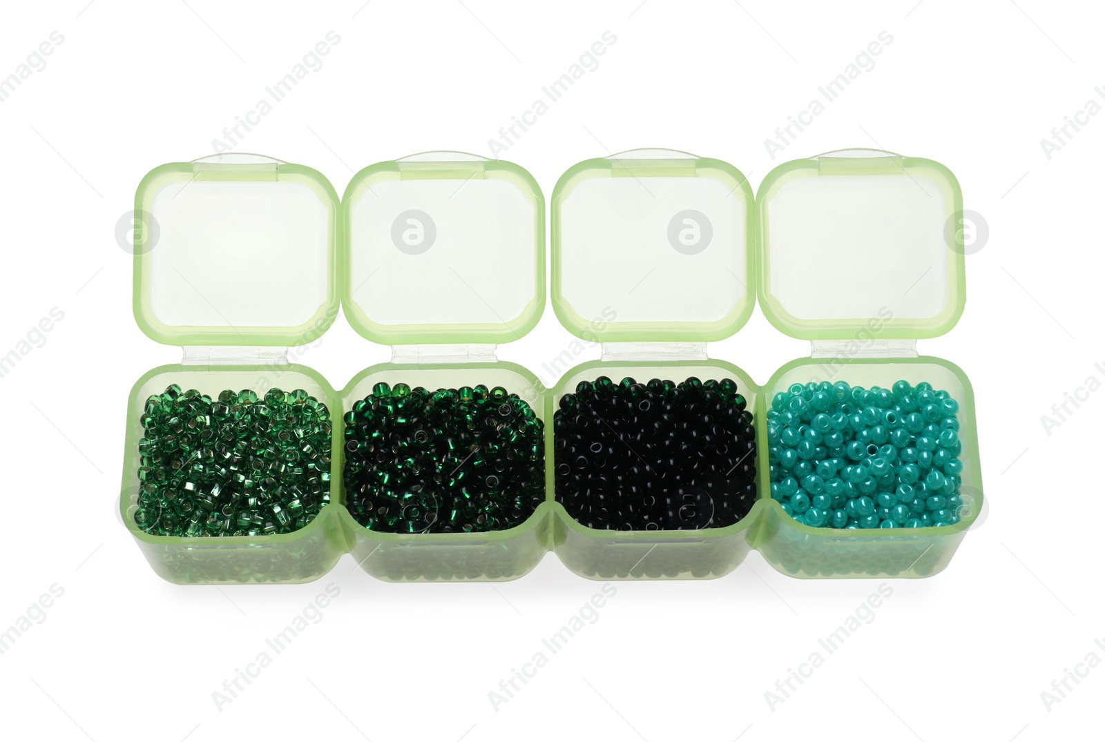 Photo of Plastic organizer with different beads isolated on white, above view