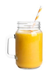 Mason jar of tasty mango smoothie on white background