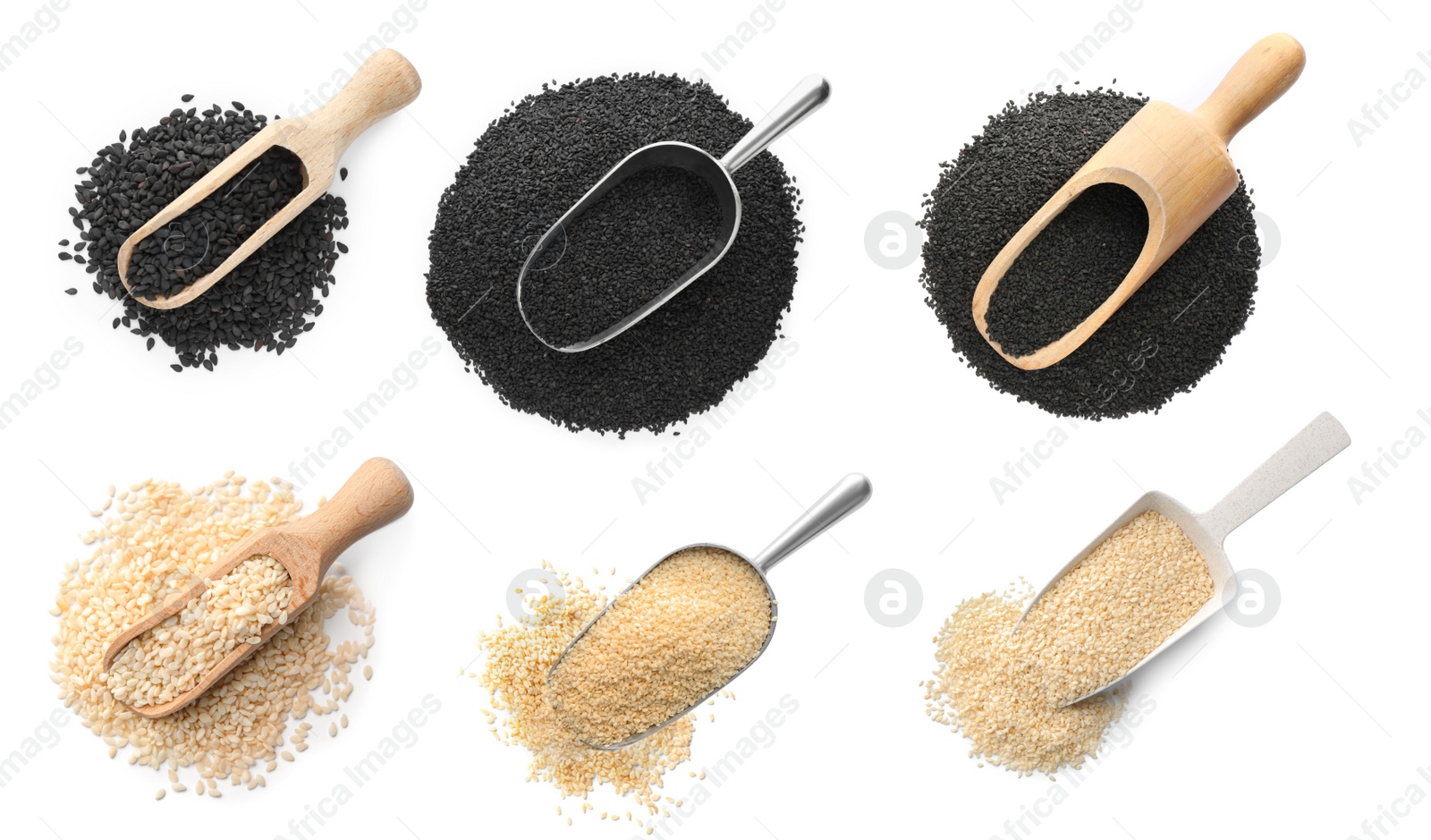 Image of Set with different sesame seeds on white background, top view