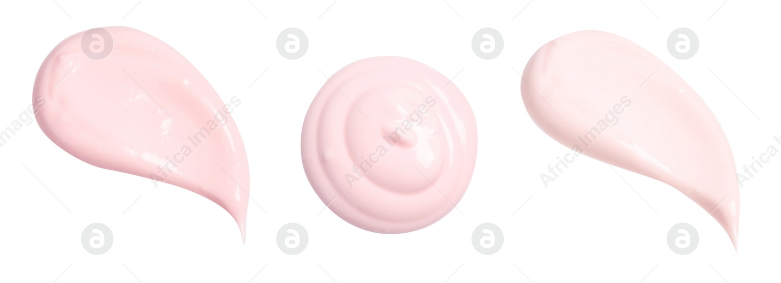 Image of Set of delicious natural yogurt on white background, top view. Banner design