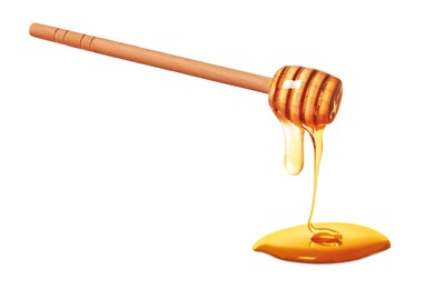 Image of Natural honey dripping from dipper on white background