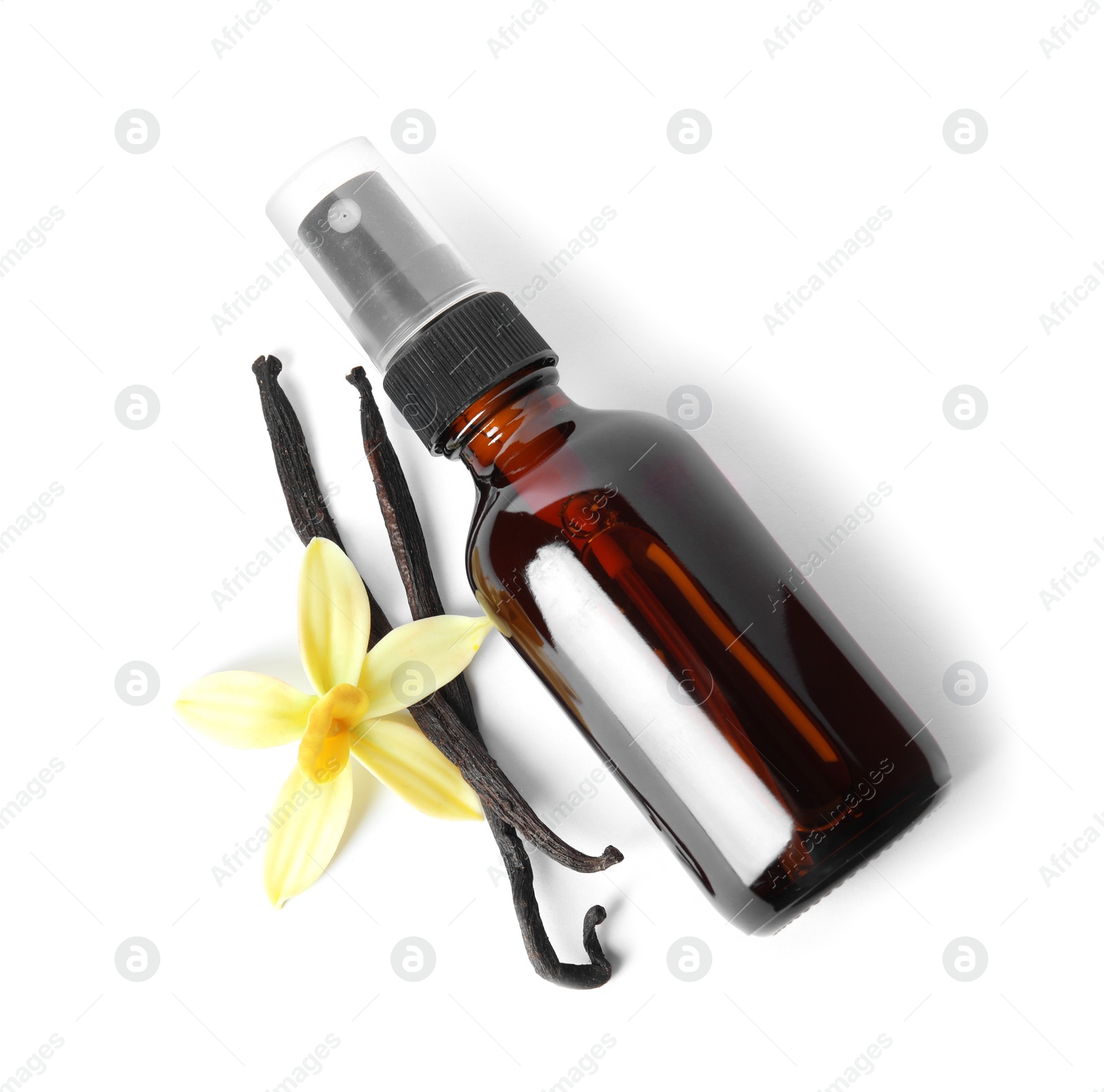 Photo of Vanilla extract, flower and dry pods isolated on white, top view