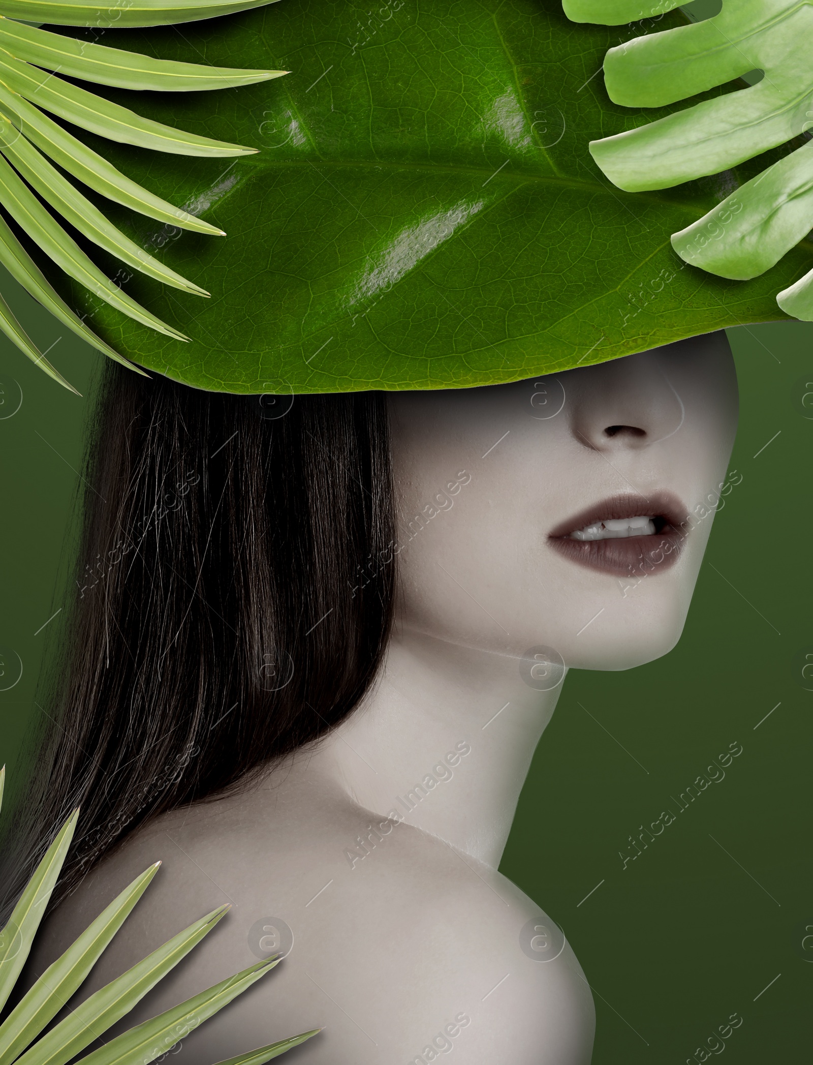 Image of Woman with green tropical leaves on dark olive color background. Stylish collage design