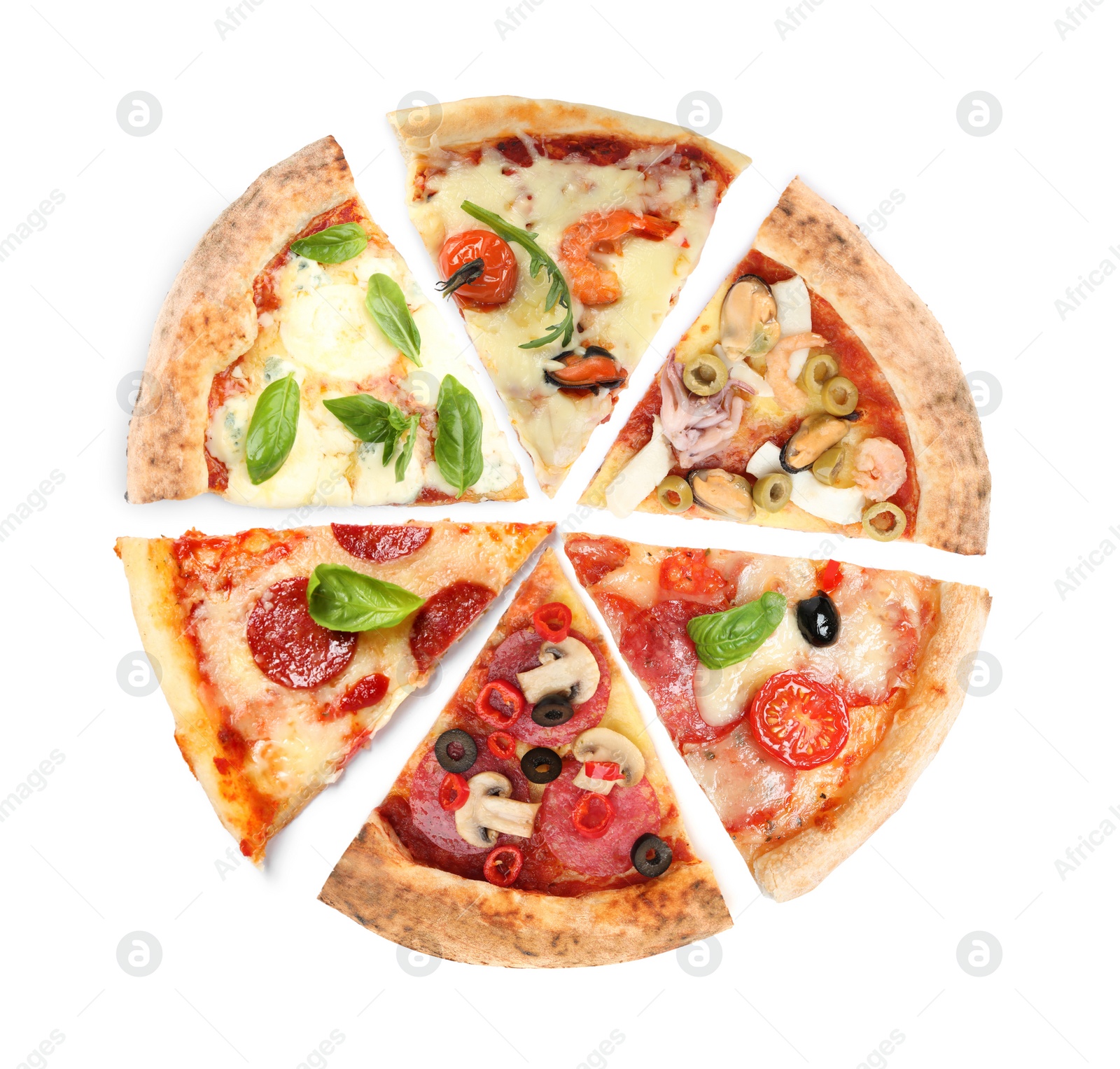 Image of Slices of different tasty pizzas on white background, top view