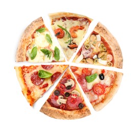 Slices of different tasty pizzas on white background, top view