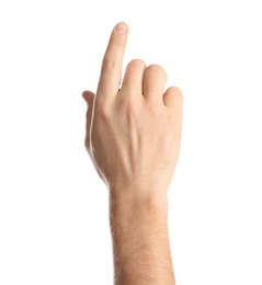 Photo of Man pointing at something on white background, closeup of hand