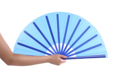 Photo of Woman holding blue hand fan on white background, closeup