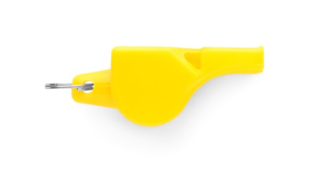 One yellow plastic whistle isolated on white, top view