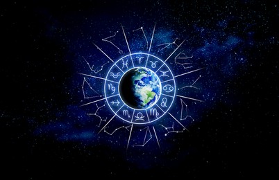 Image of Zodiac wheel with astrological signs and constellations around Earth in open space, illustration