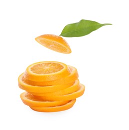 Slices of juicy orange and leaf isolated on white