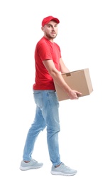 Photo of Full length portrait of man in uniform carrying carton box on white background. Posture concept