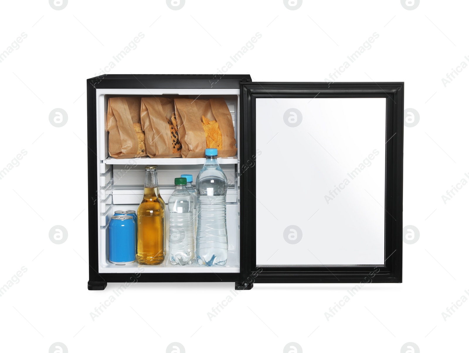 Photo of Mini bar filled with food and drinks isolated on white