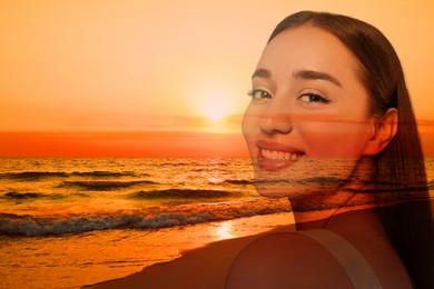 Harmony, balance, mindfulness. Beautiful woman and sunset at sea, double exposure