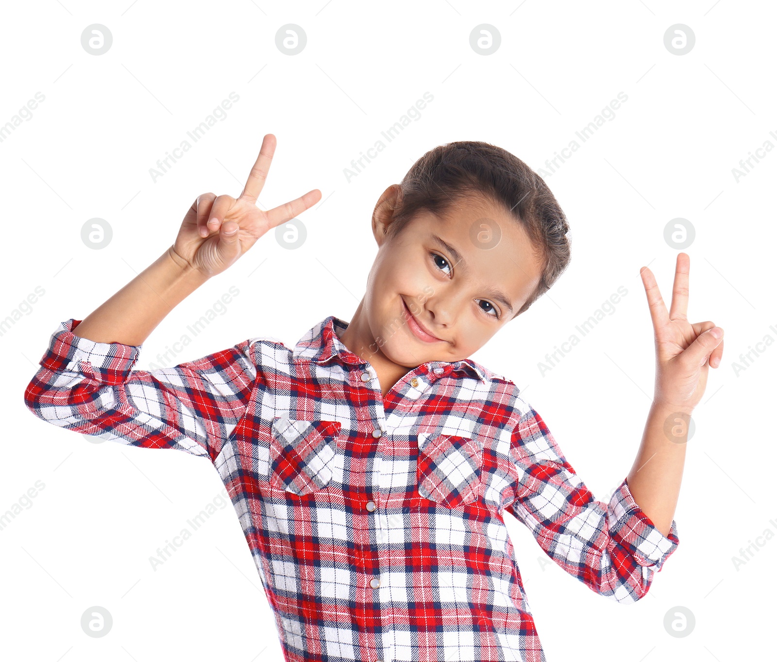 Photo of Portrait of cute little girl on white background