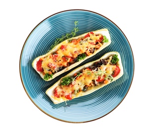 Photo of Plate of delicious stuffed zucchini on white background, top view