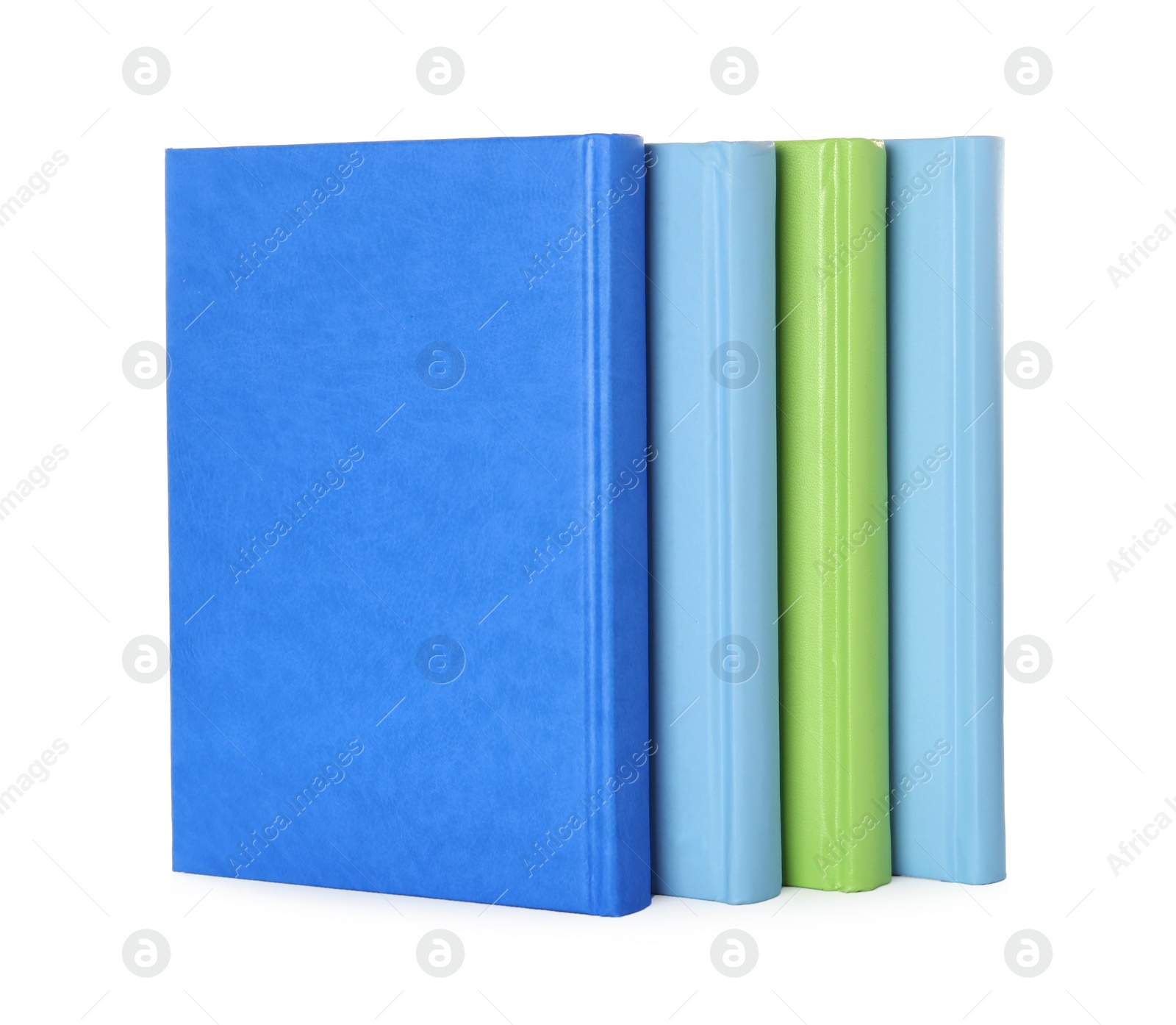 Photo of New colorful hardcover books on white background