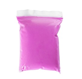 Photo of Package of purple play dough isolated on white, top view