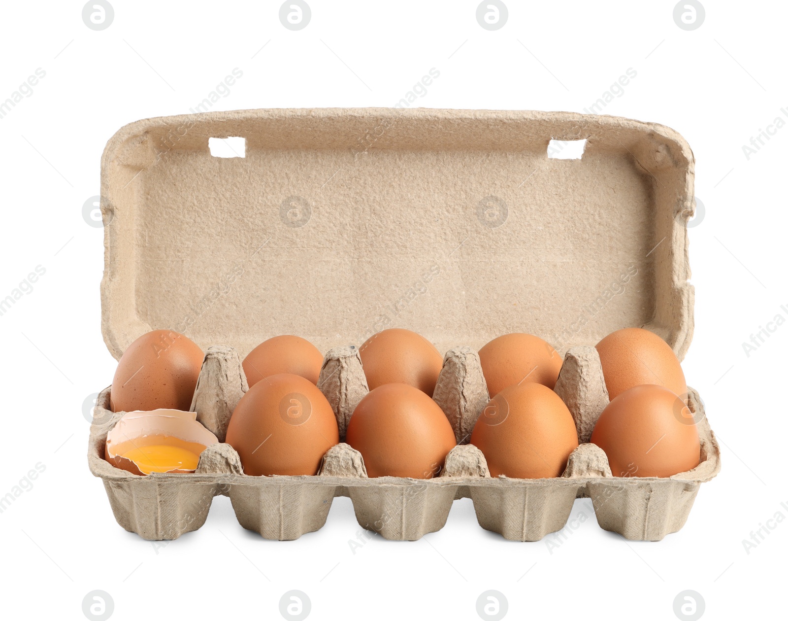 Photo of Chicken eggs in carton isolated on white