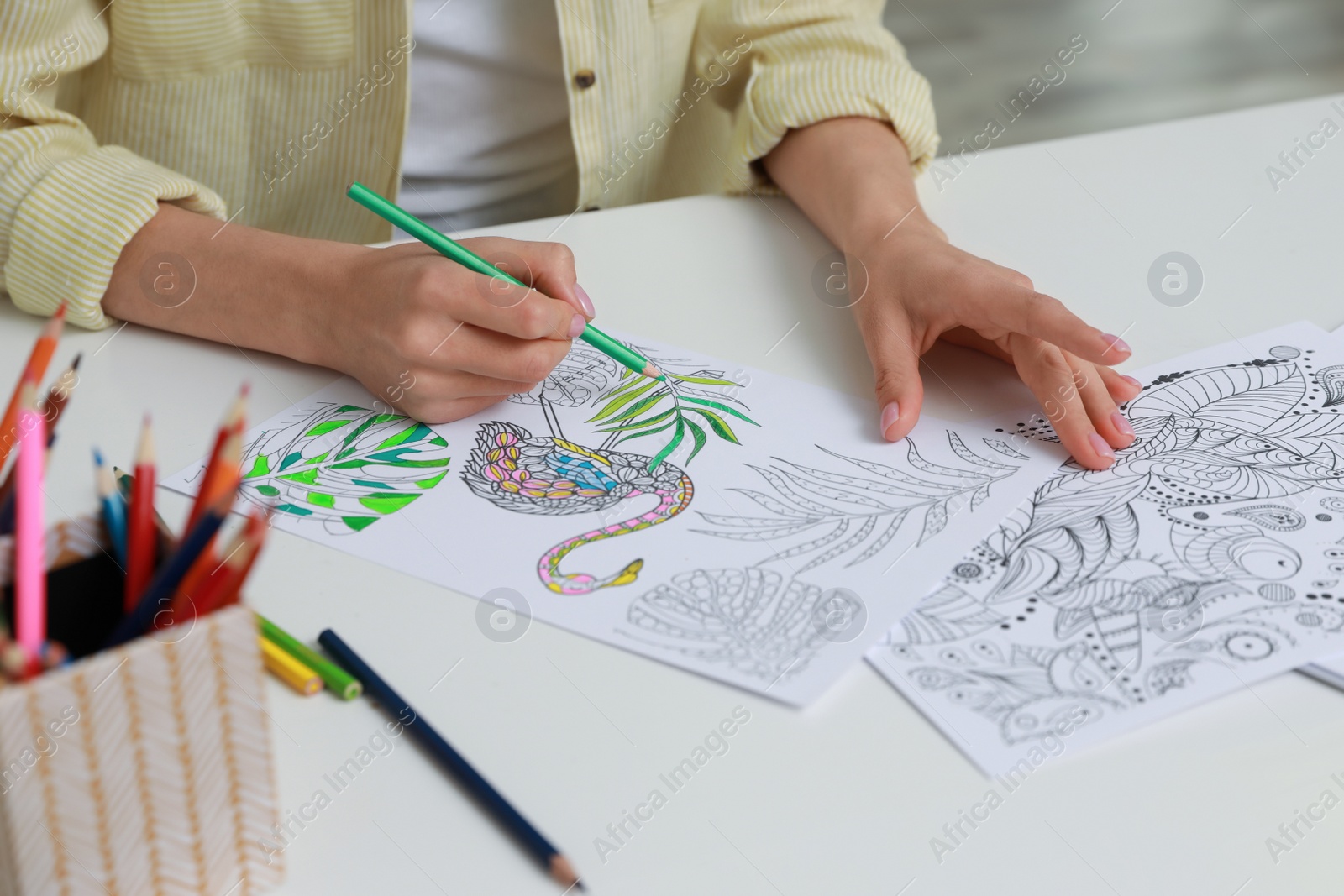 Photo of Young woman coloring antistress page at table indoors, closeup