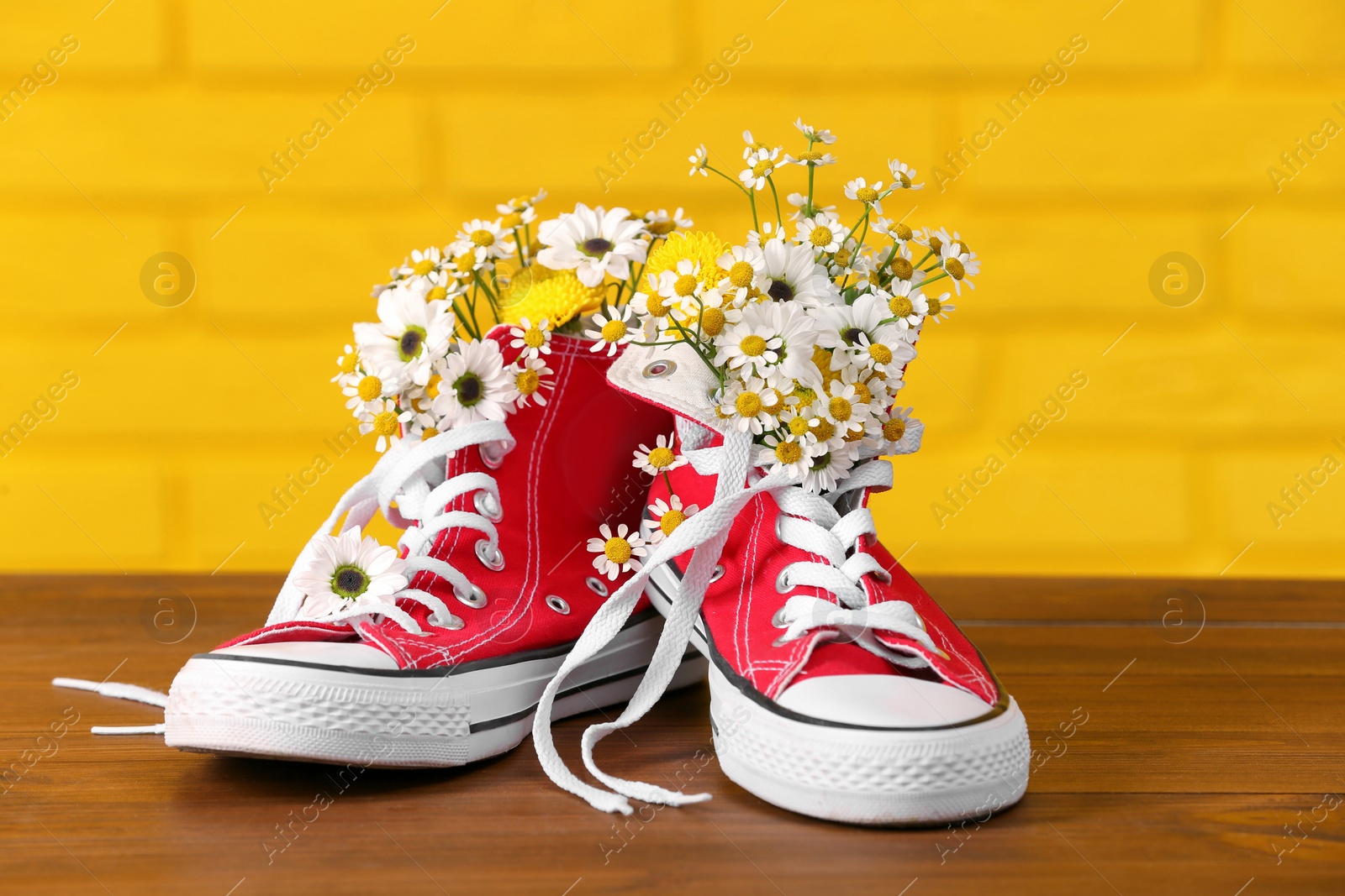Photo of Shoes with beautiful flowers on wooden surface against yellow brick wall