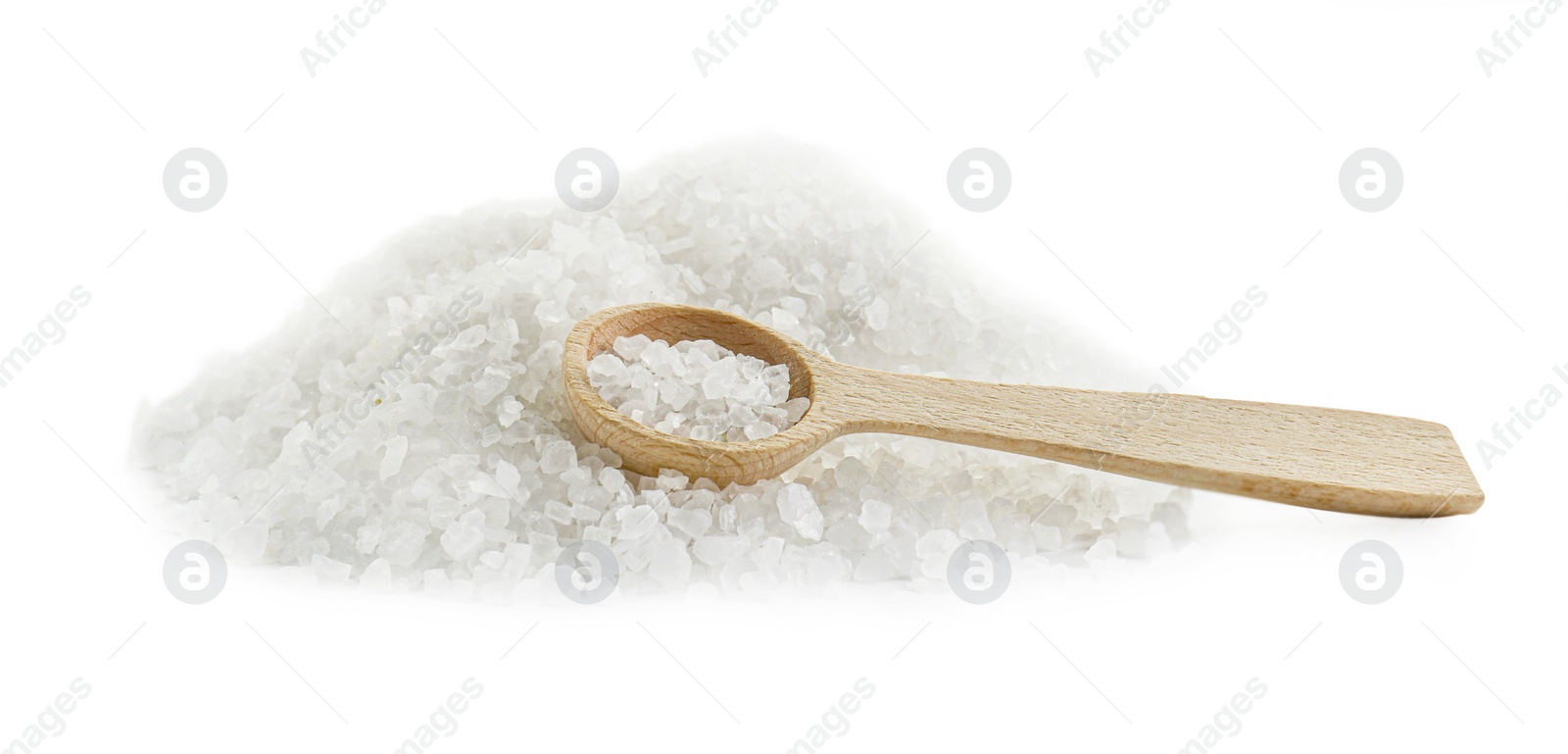 Photo of Heap of natural salt and wooden spoon isolated on white