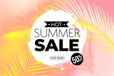 Image of Hot summer sale flyer design with bright palm leaves on pink background