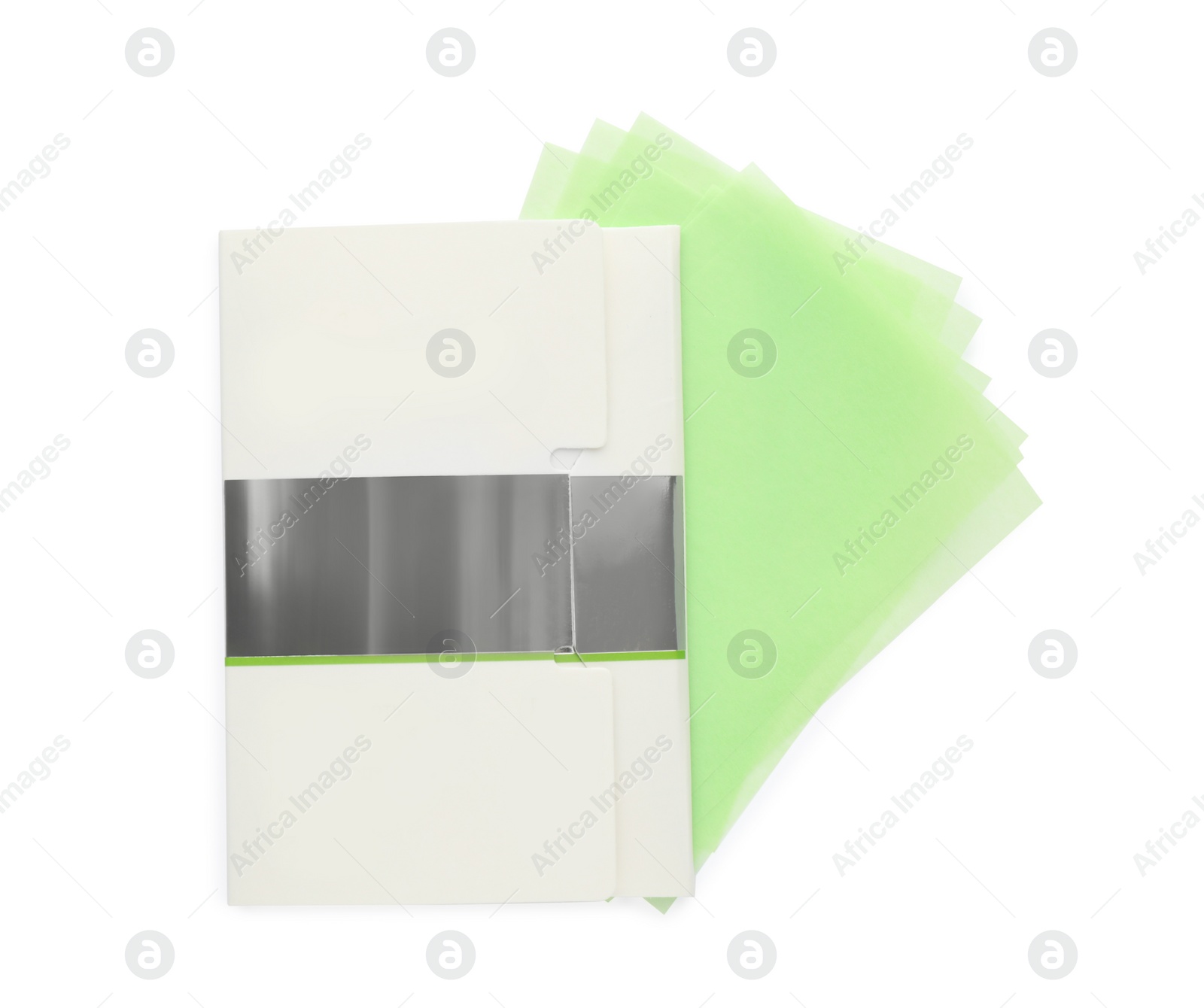 Photo of Package of facial oil blotting tissues isolated on white, top view. Mattifying wipes