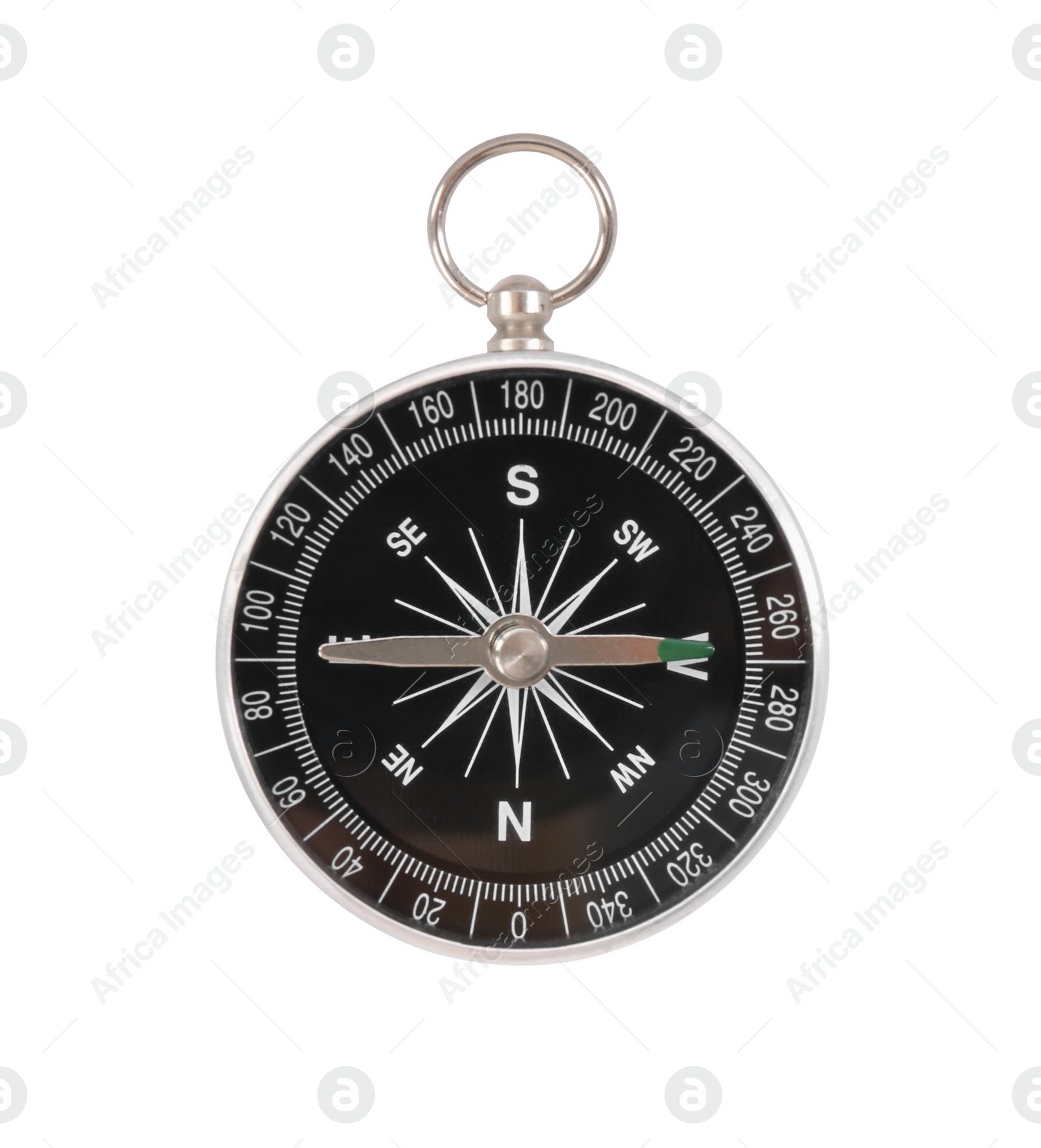 Photo of One compass isolated on white, top view. Tourist equipment