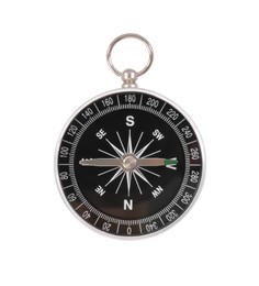 Photo of One compass isolated on white, top view. Tourist equipment