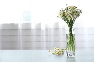 Vase with beautiful chamomile flowers on light table in room. Space for text
