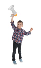 Photo of Cute funny boy with megaphone on white background