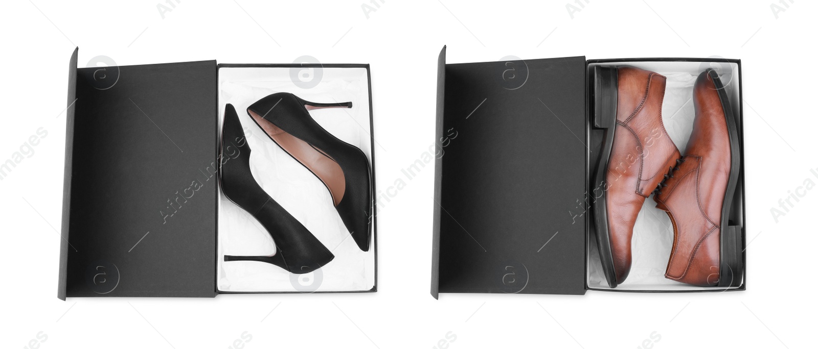 Image of Pairs of stylish shoes in black boxes on white background, top view. Banner design 