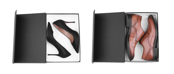 Image of Pairs of stylish shoes in black boxes on white background, top view. Banner design 