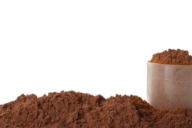 Photo of Scoop and pile of chocolate protein powder isolated on white
