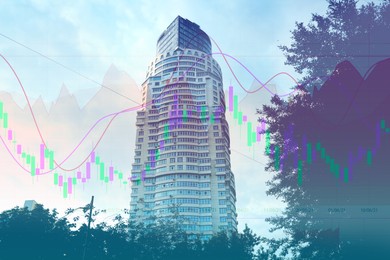 Image of Double exposure of online trading platform and building in city center. Stock exchange 