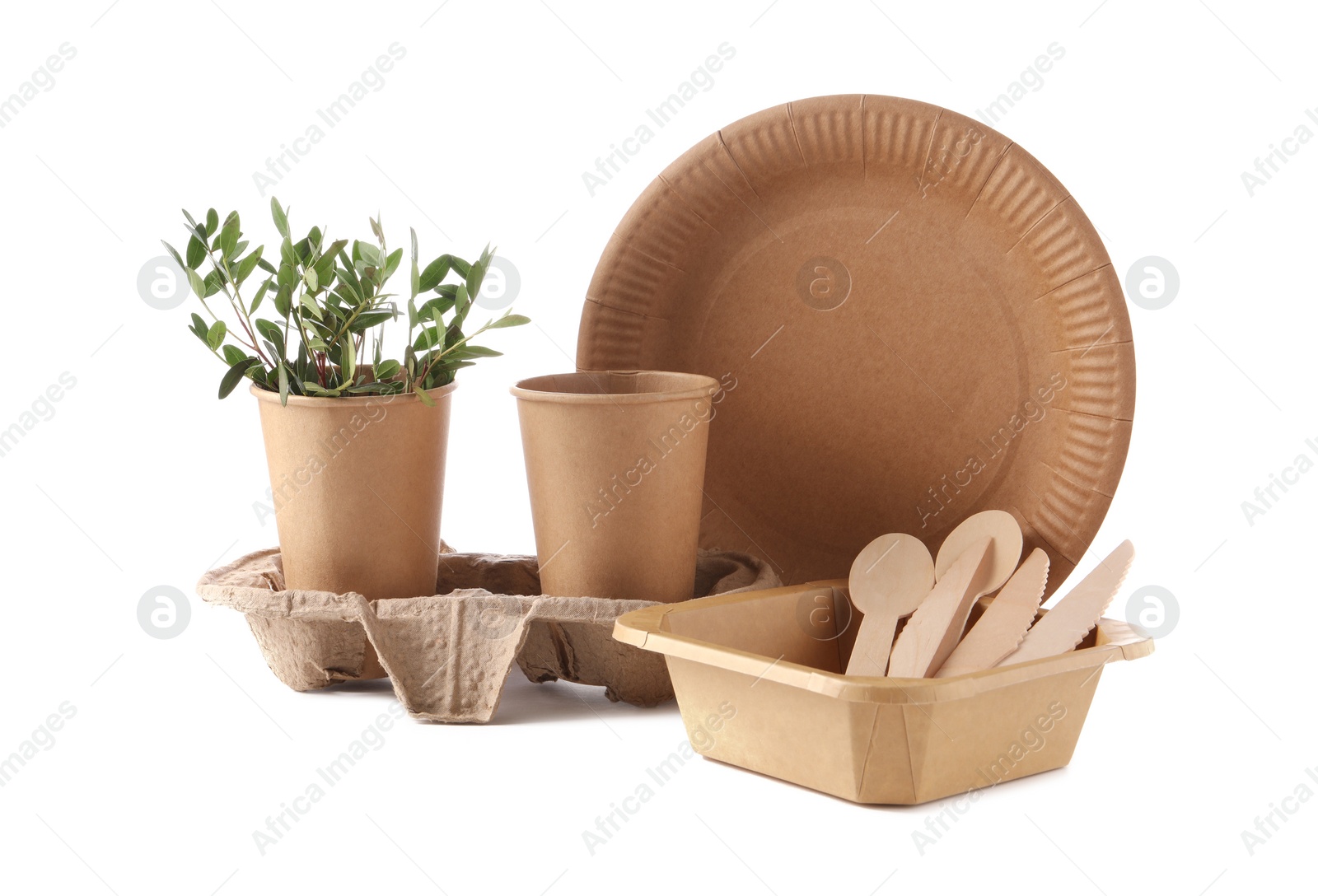 Photo of Eco friendly food packagings, tableware and twigs isolated on white