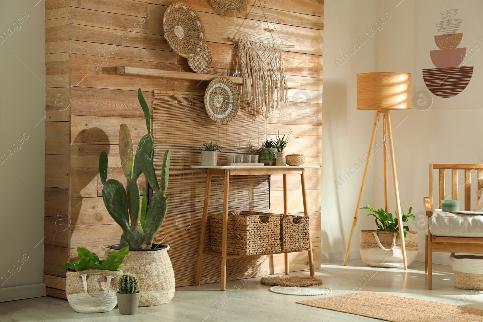 Photo of Stylish living room interior with wooden furniture and beautiful houseplants