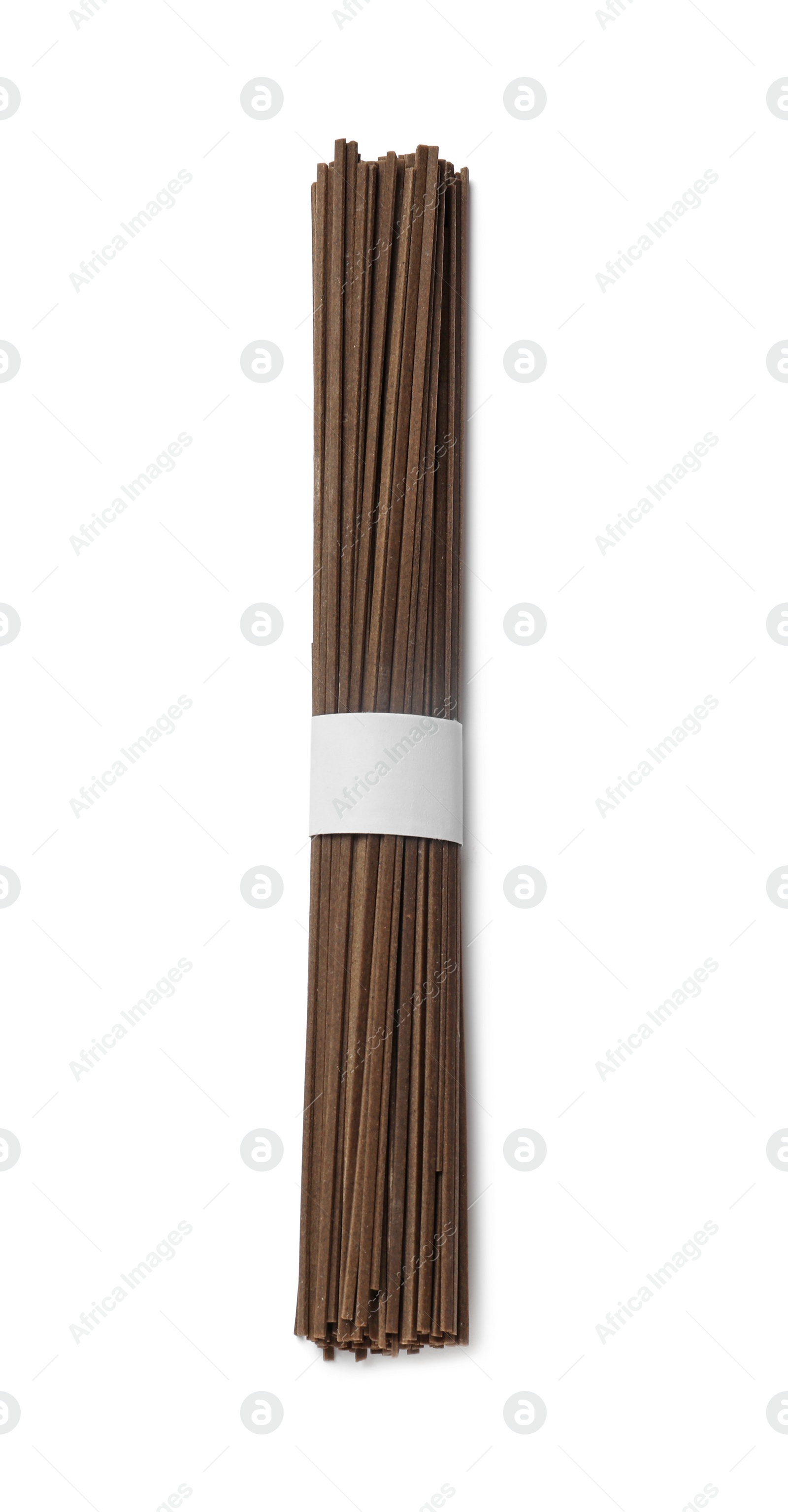 Photo of Uncooked buckwheat noodles (soba) isolated on white, top view