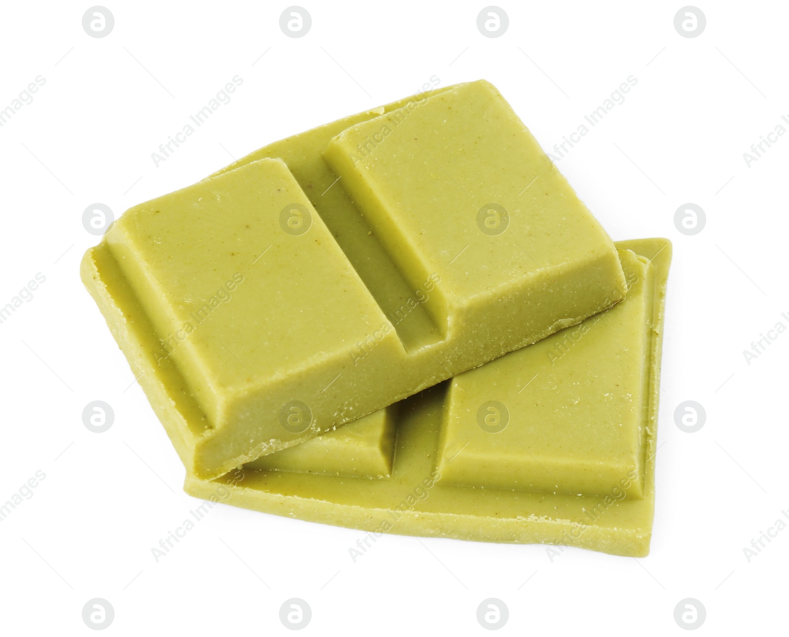 Photo of Pieces of tasty matcha chocolate bar isolated on white